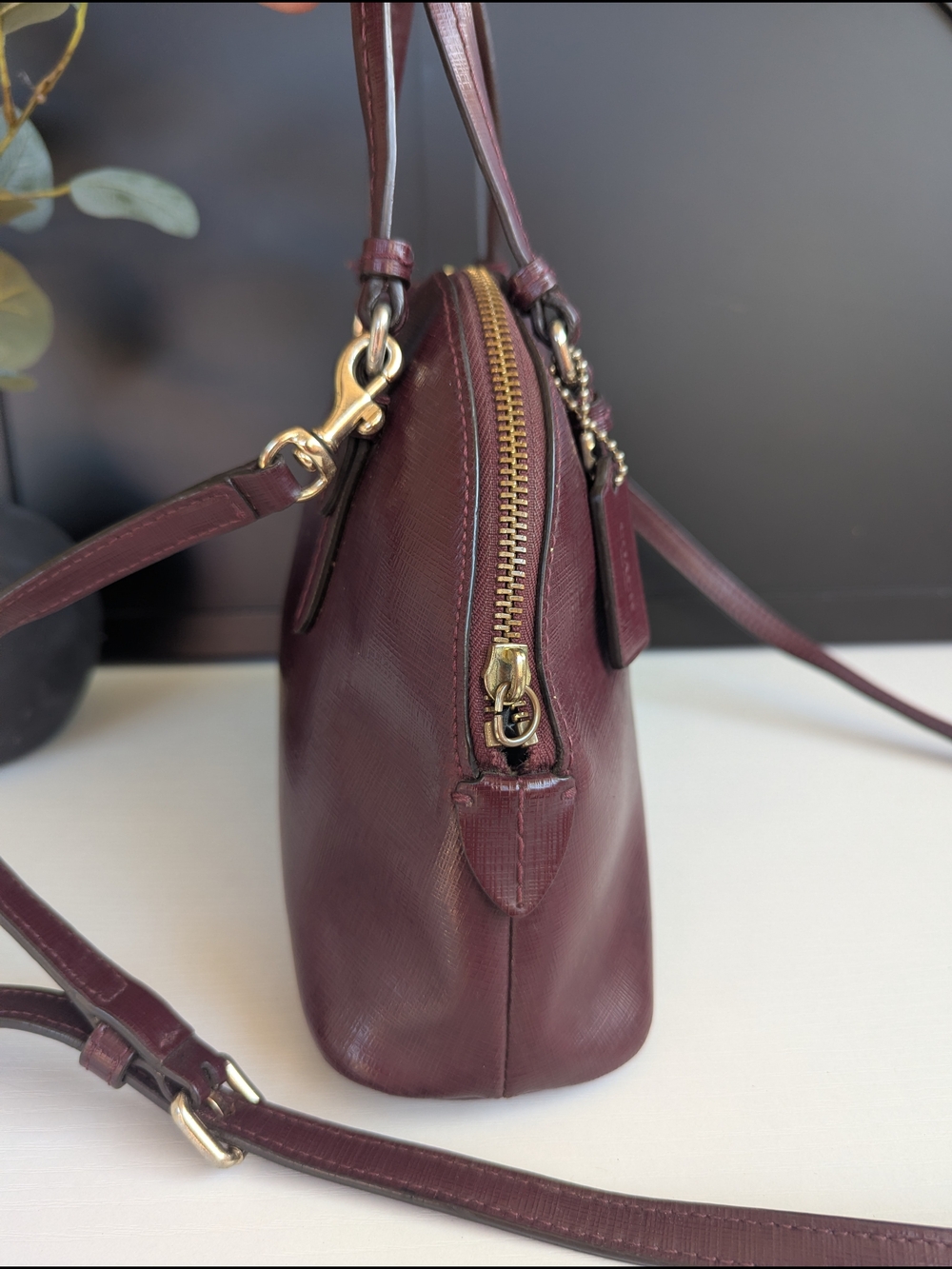 COACH Pebbled Leather Satchel Handbag in Wine - Picture 3 of 12